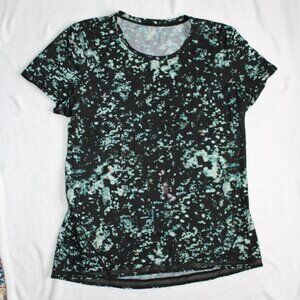Lululemon Black Workout Top with Teal and White Speckled Pattern and Mesh Hem